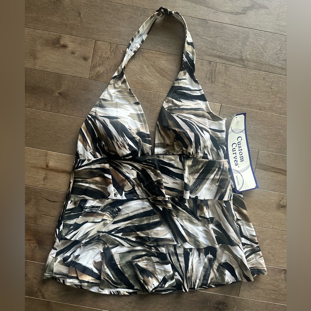 NWT Custom curves ruffle Halter Swim Top with Abstract Print - size 10